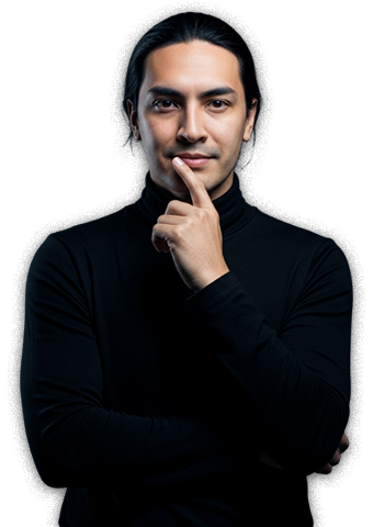 Homem com os braços meio cruzados com uma das mãos levantadas até a altura do rosto com o dedo indicador quase tocando sua boca