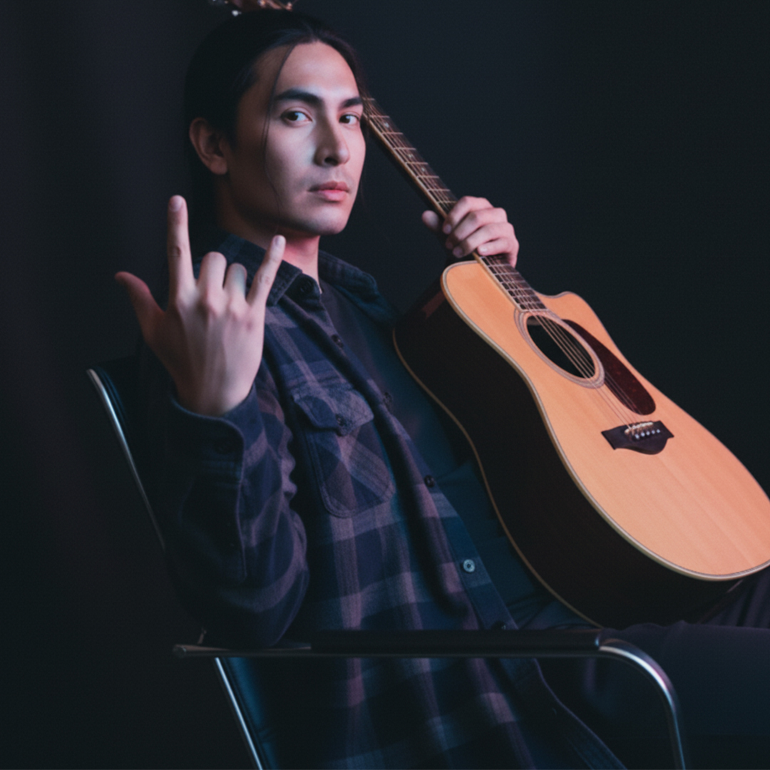 Homem sentado em uma cadeira, segurando um violão em posição vertical ao lado do rosto e fazendo um gesto de rock com a mão, em um ambiente escuro com iluminação suave azul e roxa.